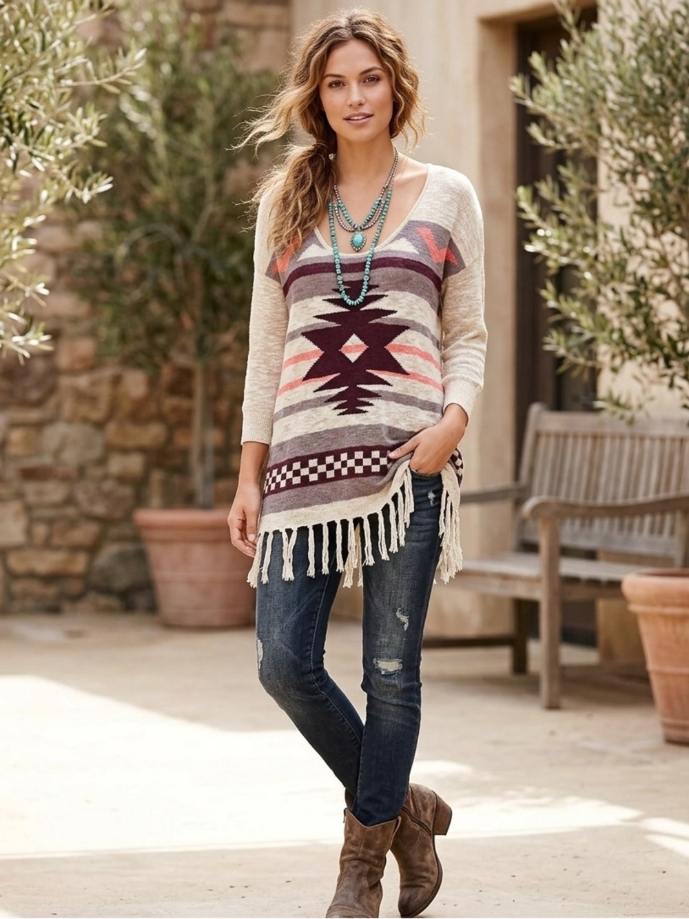 American Rag Cie Aztec Boho Sweater Size Medium with Tassels/ Fringe.